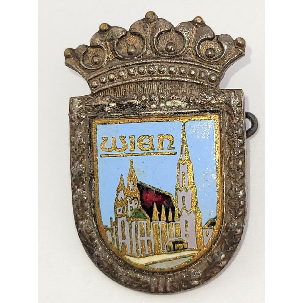 Antique Signed Wein (Austria) St Charles Travel Crown Cloisonne Brooch Pin 1.25"